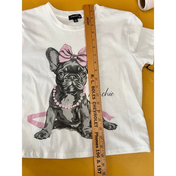 NWT Originality Frenchie Bows Graphic Crop Top Short Sleeve Ivory Women's XS - Picture 8 of 8